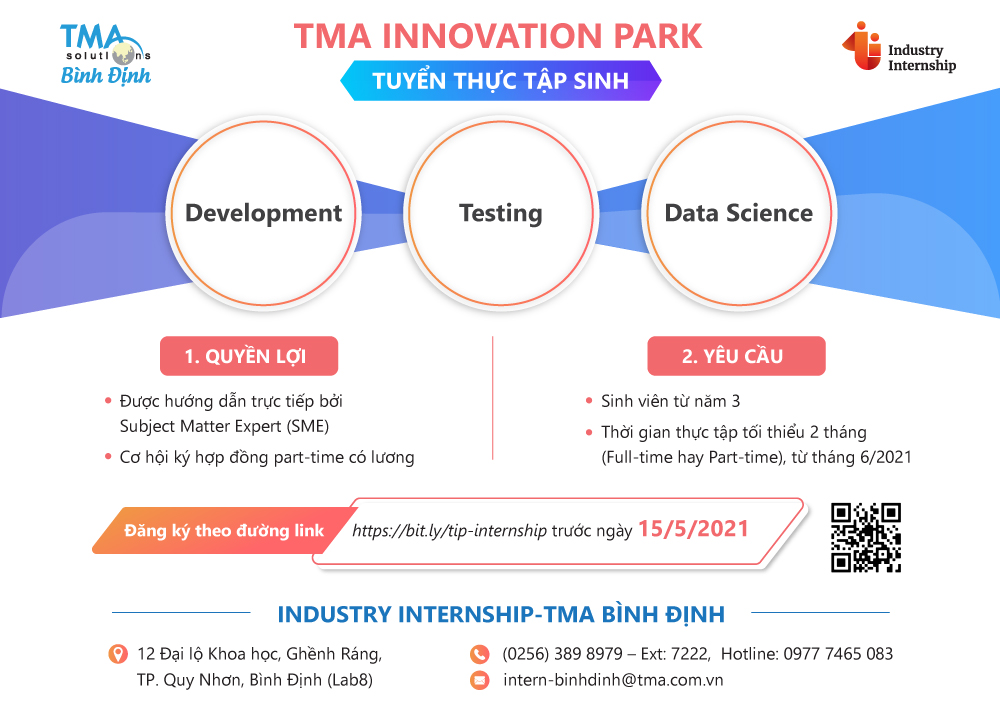 Công ty TMA Solutions (Industry Internship) - Chi nhánh Bình Định tuyển dụng sinh viên thực tập năm 2021